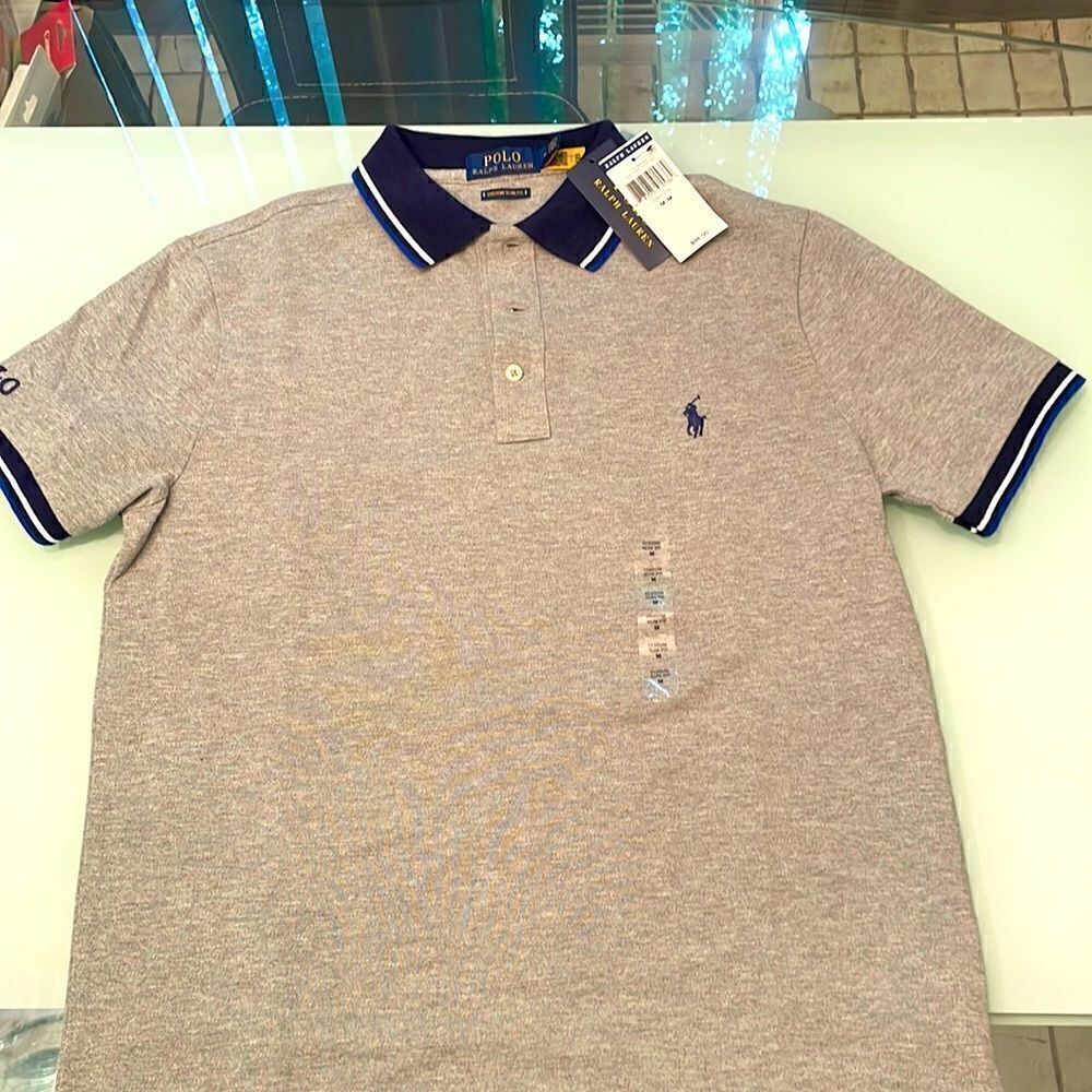 Polo NWT Ralph Lauren shirt grey navy white stripes on color medium slim fit